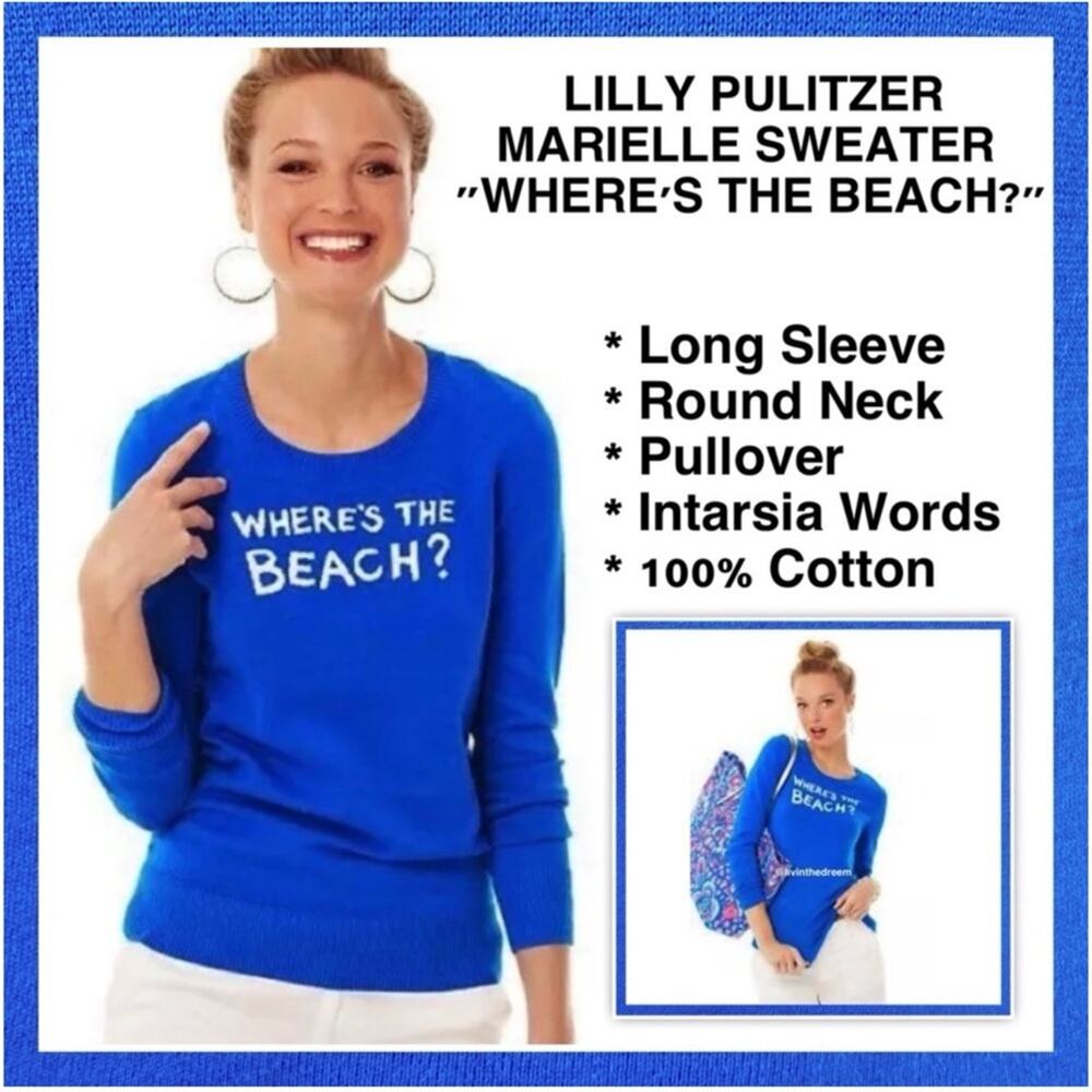 #T17 LILLY PULITZER MARIELLE SWEATER BREWSTER BLUE "WHERE'S THE BEACH?" XS $125